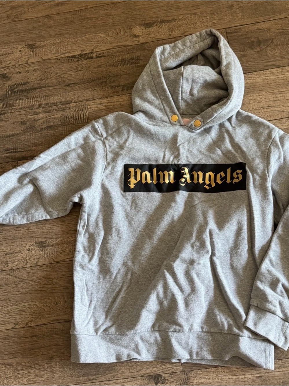 Palm Angels Gray Hoodie with Black Panel and Gold Logo